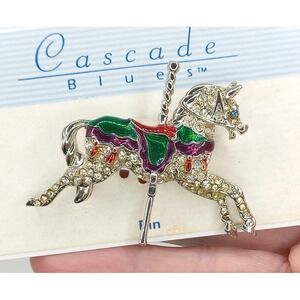Vintage Carousel Horse Brooch Rhinestone Carnival Festival Enamel Silver Tone